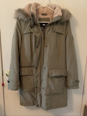 DKNY Olive Green Parka with Faux Fur Trim and Sherpa Lining